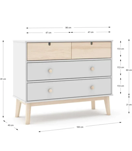 Cómoda 4 cajones modelo Estela acabado blanco/cera blanca, 81cm(alto) 100cm(ancho) 40cm(largo)
