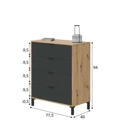 Cómoda con 4 Cajones para Dormitorio Luz en Color roble nodi/ antracita, 77,5cm(Ancho) 94cm(Alto) 40cm(Fondo)