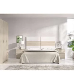 Conjunto cabecero, armario 3 puertas 3 cajones y dos mesitas Lisa acabado natural/blanco.