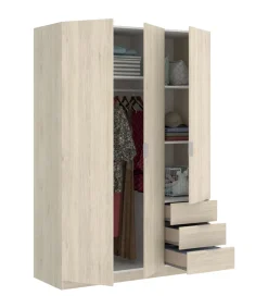 Conjunto cabecero, armario 3 puertas 3 cajones y dos mesitas Lisa acabado natural/blanco.