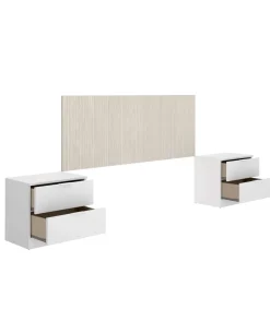 Conjunto cabecero, armario 2 puertas 4 cajones y 2 mesitas Lula acabado alistonado natural/blanco.