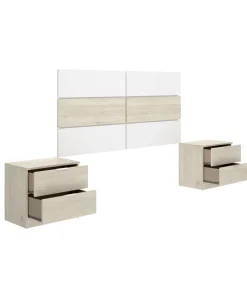 Conjunto cabecero y dos mesitas Lisa acabado natural/blanco.