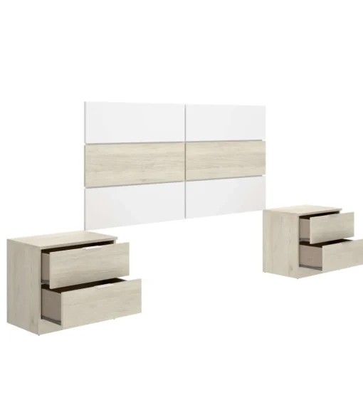 Conjunto cabecero y dos mesitas Lisa acabado natural/blanco.