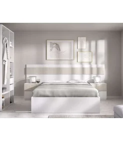 Conjunto cama, dos mesitas y armario vestidor Borja acabado blanco/alistonado.