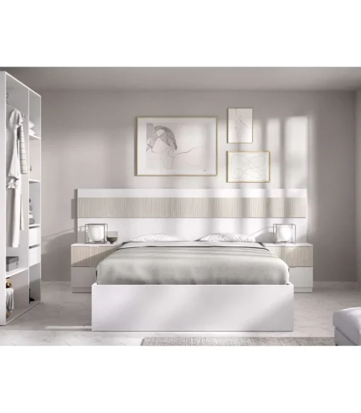 Conjunto cama, dos mesitas y armario vestidor Borja acabado blanco/alistonado.
