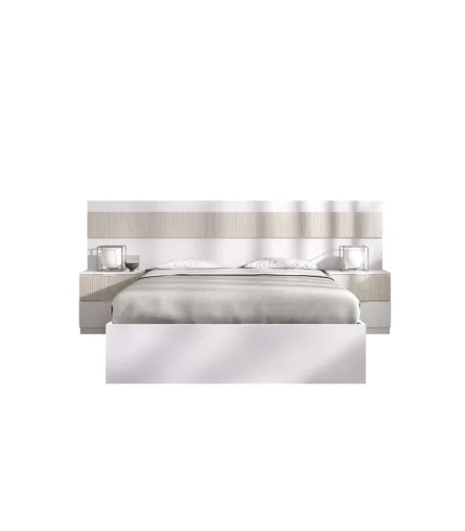 Conjunto cama, dos mesitas y armario vestidor Borja acabado blanco/alistonado.