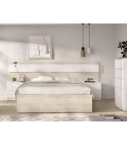 Conjunto cama, sinfonier y dos mesitas Lisa acabado natural/blanco.