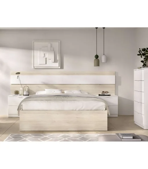Conjunto cama, sinfonier y dos mesitas Lisa acabado natural/blanco.