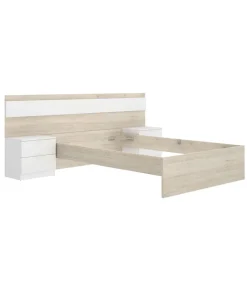 Conjunto cama, sinfonier y dos mesitas Lisa acabado natural/blanco.