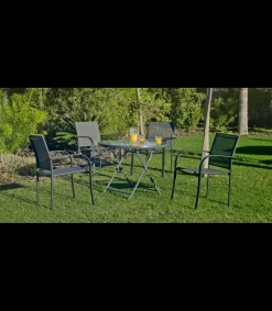 Conjunto de mesa + 4 sillones en acero Cordoba/Sulam-90/4 en acabado gris antracita.