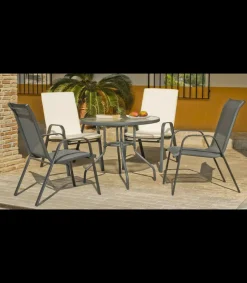 Conjunto de mesa + 4 sillones en acero Sulam-90/4 en acabado gris antracita.