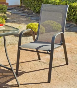 Conjunto de mesa + 4 sillones en acero Sulam-90/4 en acabado gris antracita.