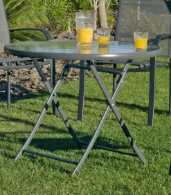 Conjunto de mesa + 4 sillones en acero Cordoba/Sulam-90/4 en acabado gris antracita.