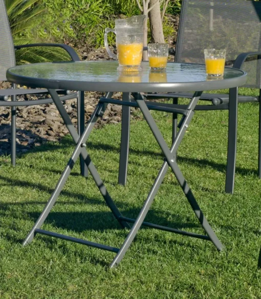Conjunto de mesa + 4 sillones en acero Cordoba/Sulam-90/4 en acabado gris antracita.