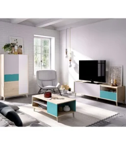 Conjunto de salón La Iruela 4 en acabado blanco, azul y madera natural