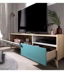 Conjunto de salón La Iruela 4 en acabado blanco, azul y madera natural