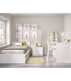 Conjunto juvenil cama con arrastre, mesita y escritorio Topo-4 acabado blanco/natural.