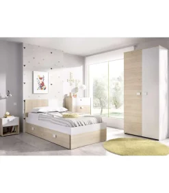 Conjunto juvenil cama con arrastre, mesita, cómoda y armario Duna-6 acabado natural/blanco.