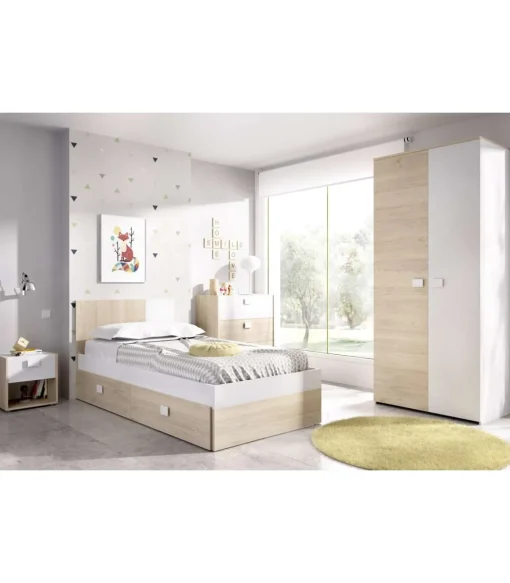 Conjunto juvenil cama con arrastre, mesita, cómoda y armario Duna-6 acabado natural/blanco.