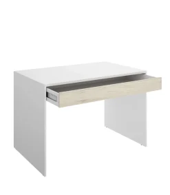 Conjunto juvenil cama con arrastre, mesita y escritorio Topo-4 acabado blanco/natural.