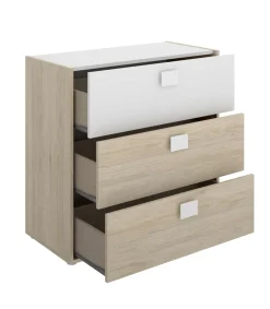 Conjunto juvenil cama con arrastre, mesita, cómoda y armario Duna-6 acabado natural/blanco.