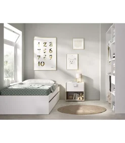 Conjunto juvenil cama de 90cm con cajones, mesita y armario vestidor Lena acabado blanco.