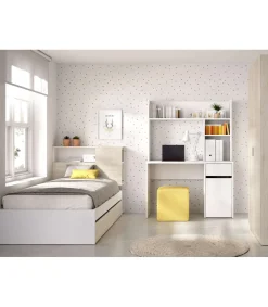 Conjunto juvenil cama de 90cm con arrastre, armario y escritorio con altillo Tamesis acabado natural/blanco.
