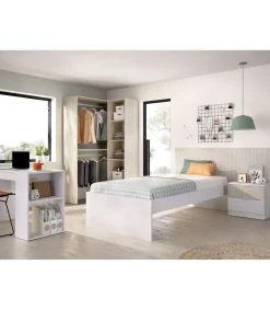 Conjunto juvenil cama, mesita, escritorio y armario vestidor Borja acabado alistonado natural/blanco.