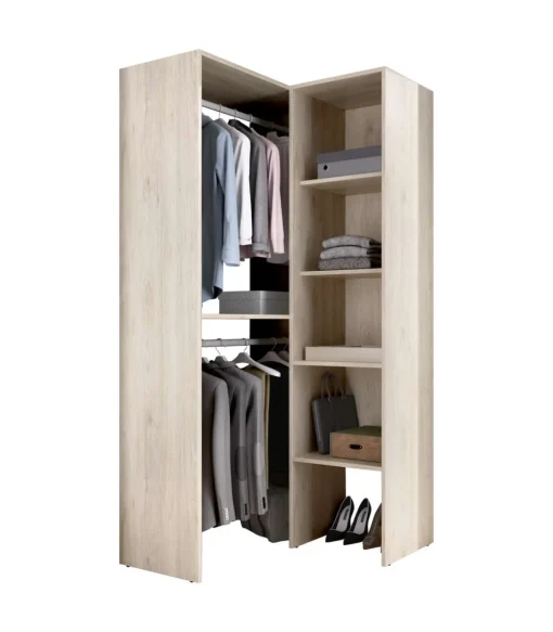 Conjunto juvenil cama, mesita, escritorio y armario vestidor Borja acabado alistonado natural/blanco.