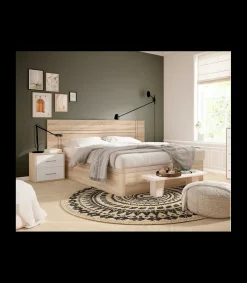 Conjunto matrimonio cabecero + 2 mesitas modelo Valverde acabado roble-blanco.