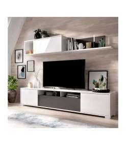 Conjunto mueble salon television Fuerte del Rey en blanco brillo y grafito 180 cm(alto)200 cm(ancho)41 cm(fondo)