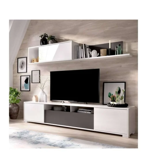 Conjunto mueble salon television Fuerte del Rey en blanco brillo y grafito 180 cm(alto)200 cm(ancho)41 cm(fondo)