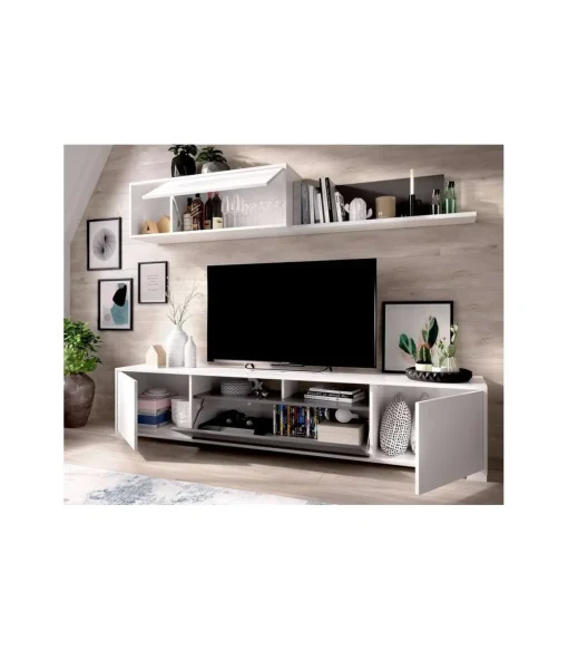 Conjunto mueble salon television Fuerte del Rey en blanco brillo y grafito 180 cm(alto)200 cm(ancho)41 cm(fondo)