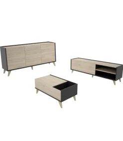 Conjunto salón Cazalilla-6: aparador, mueble TV y mesa centro acabado natural/grafito.