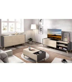 Conjunto salón Cazalilla-6: aparador, mueble TV y mesa centro acabado natural/grafito.