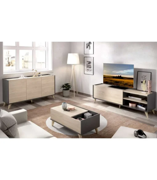 Conjunto salón Cazalilla-6: aparador, mueble TV y mesa centro acabado natural/grafito.