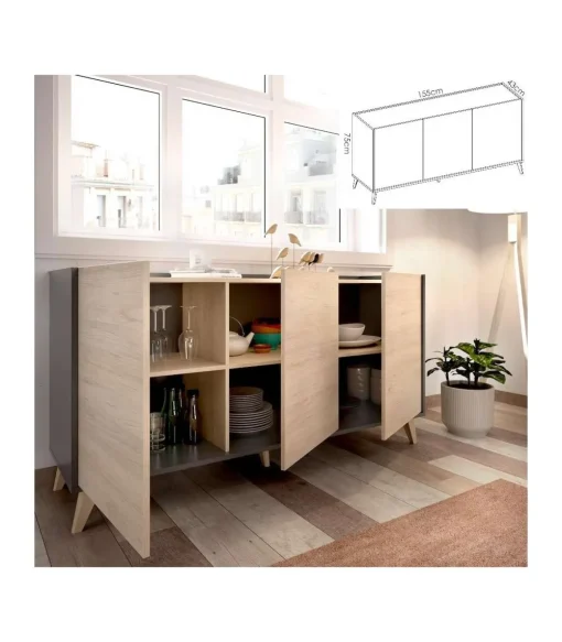 Conjunto salón Cazalilla-6: aparador, mueble TV y mesa centro acabado natural/grafito.