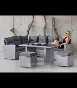 Conjunto sofá rinconera 6 plazas + 2 taburetes +mesa en huitex color gris, Vernis.