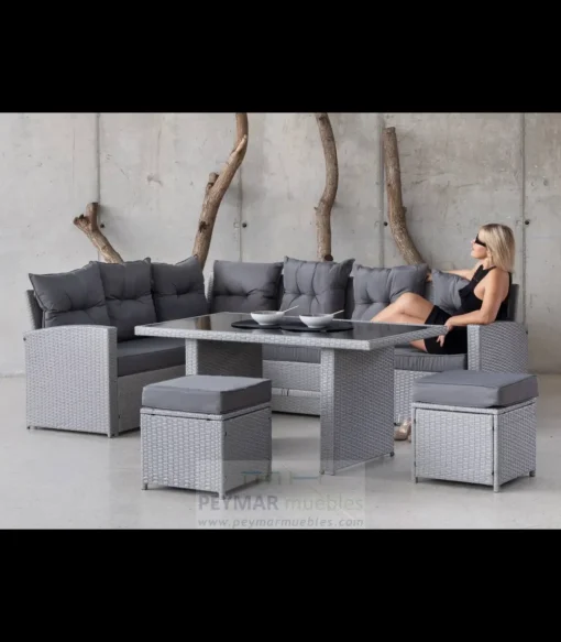 Conjunto sofá rinconera 6 plazas + 2 taburetes +mesa en huitex color gris, Vernis.