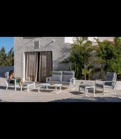 Conjunto terraza jardín aluminio Bolonia-77 con estructura en blanco.
