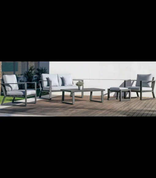 Conjunto terraza jardín aluminio Bolonia-77 con estructura en gris antracita.