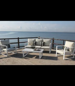Conjunto terraza jardín aluminio Bolonia-8 con estructura en blanco.