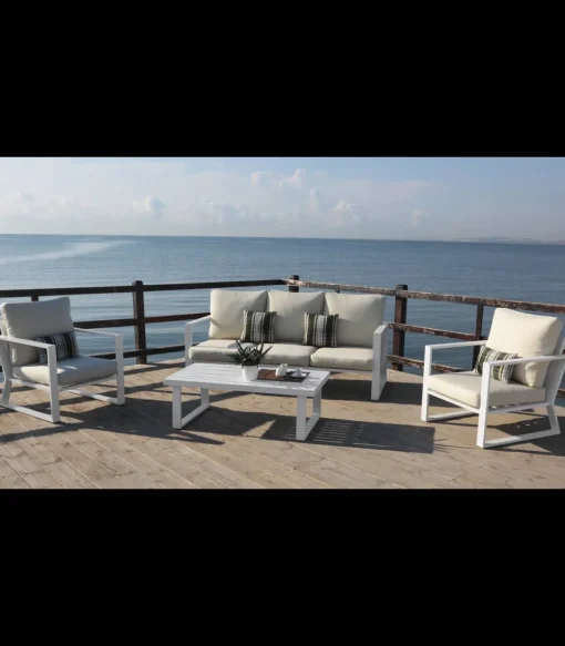 Conjunto terraza jardín aluminio Bolonia-8 con estructura en blanco.