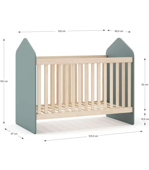Cuna infantil Estela acabado verde kaki/cera blanca, 102cm(alto) 66.5cm(ancho) 123.8cm(fondo)