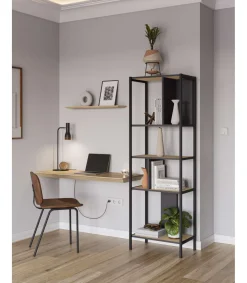Estantería varios estantes modelo Amaya-58 acabado roble/negro, 175cm(alto) 58cm(ancho) 35cm(largo).