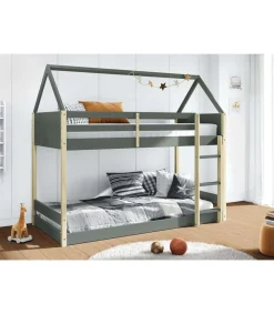 Litera juvenil Moira-Casita acabado verde kaki/natural, (Largo 197.4 x ancho 103.4 x alto 174.9 cm)