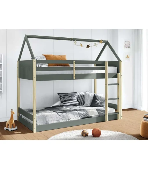 Litera juvenil Moira-Casita acabado verde kaki/natural, (Largo 197.4 x ancho 103.4 x alto 174.9 cm)