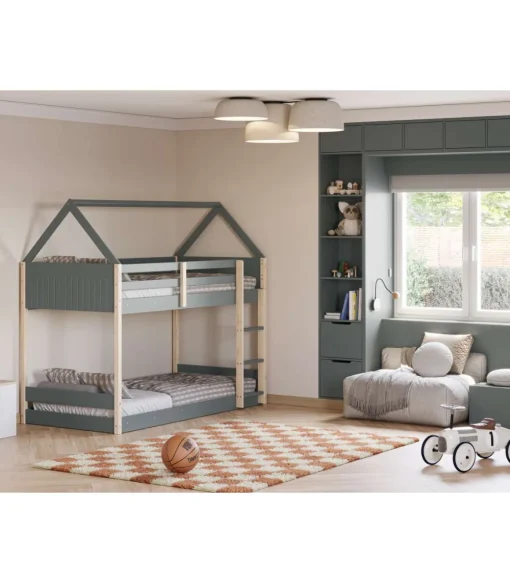 Litera juvenil Moira-Casita acabado verde kaki/natural, (Largo 197.4 x ancho 103.4 x alto 174.9 cm)