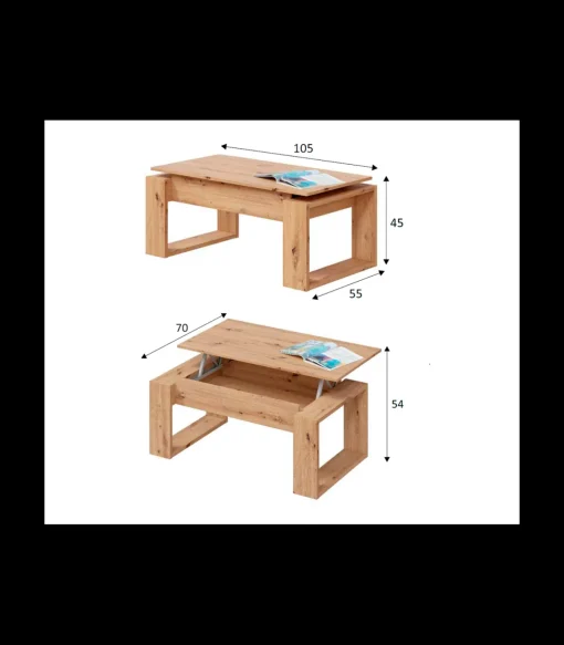 Mesa centro Caspe elevable acabado roble nordish. Medidas: 105 cm (Ancho) x 55 cm (Fondo) x 45 cm (Alto)