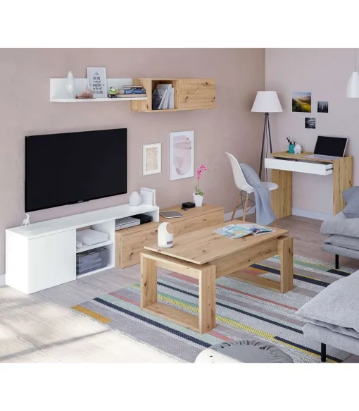 Mesa centro Caspe elevable acabado roble nordish. Medidas: 105 cm (Ancho) x 55 cm (Fondo) x 45 cm (Alto)